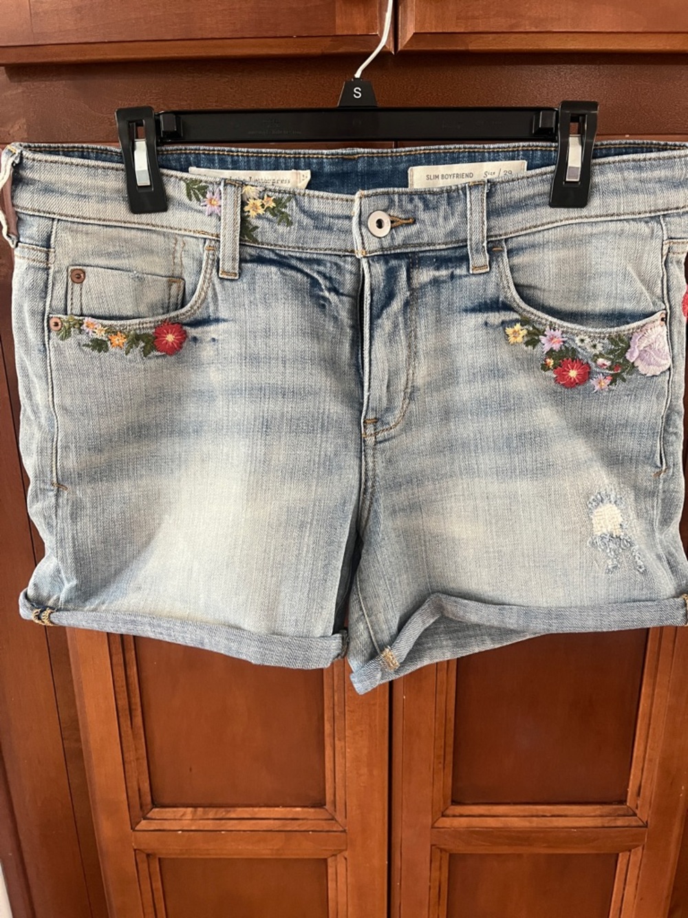 Pilcro and the Letterpress Light Blue Denim Shorts with Floral Embroidery